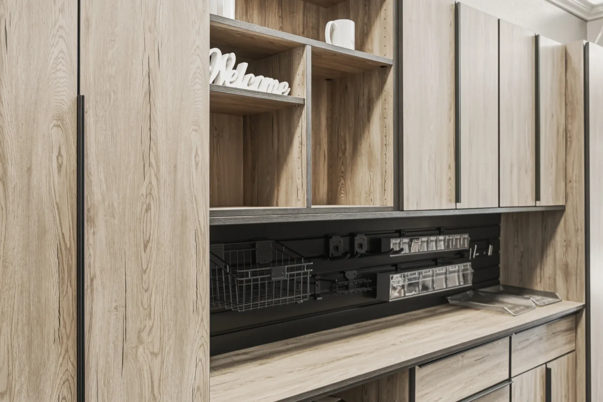 Natural oak office storage cabinetry display in the Bradenton showroom