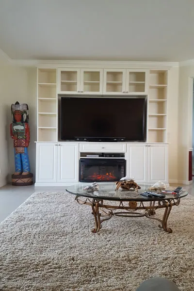 Large custom media center — custom storage designed and installed by Dream Closets